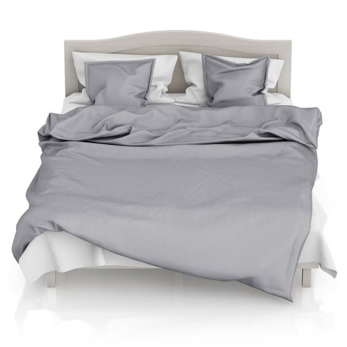 Wooden Bed with Grey Bedclothes