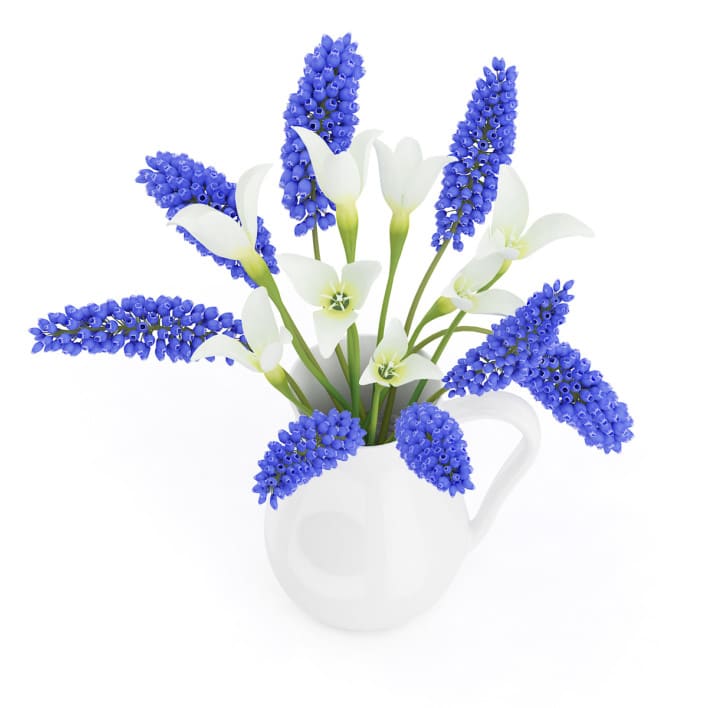 3d Blue and White Flowers in White Pot