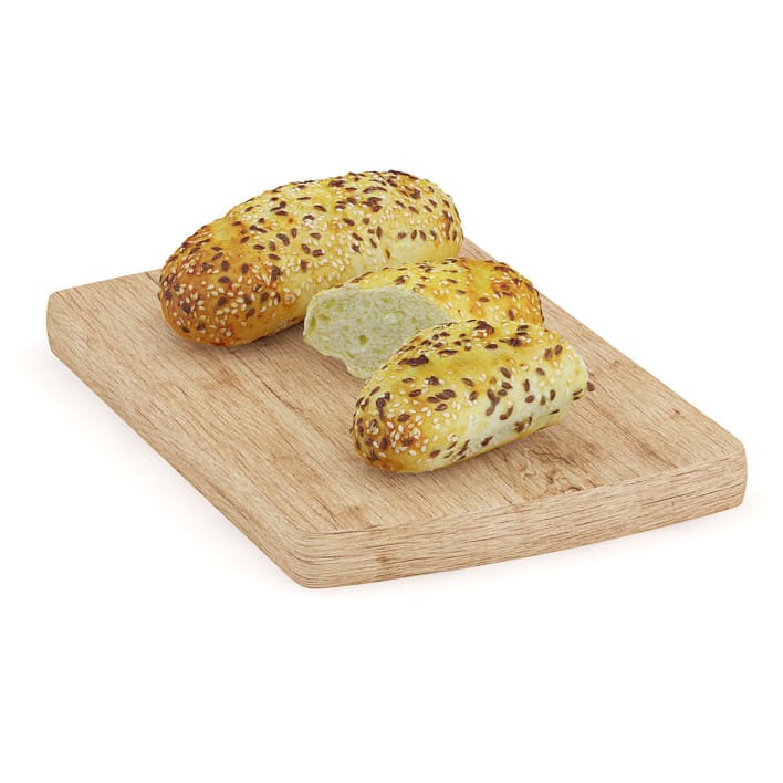 Buns with Sesame Seeds on Wooden Board