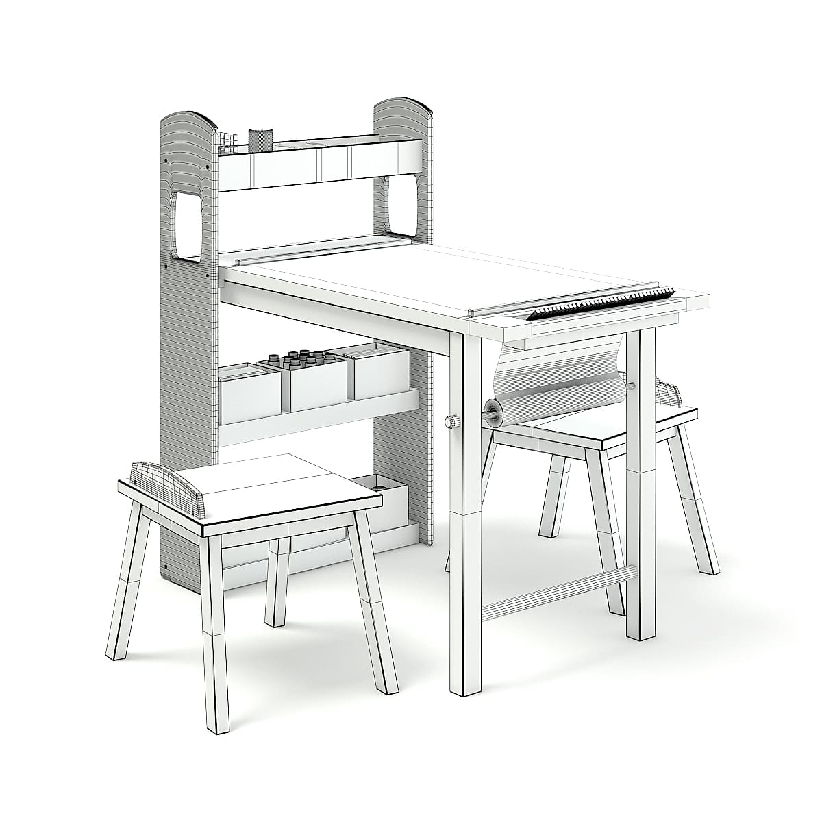 Kids Drawing Desk with Stools (9601) - CGAxis - 3D models, PBR