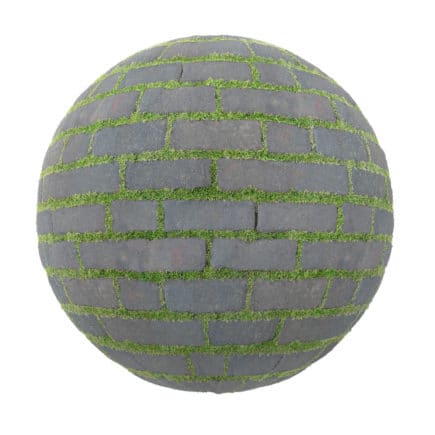 Grey Brick Pavement with Grass PBR Texture