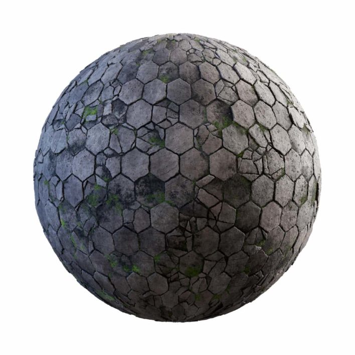 Damageded Hexagon Concrete Pavement with Moss PBR Texture