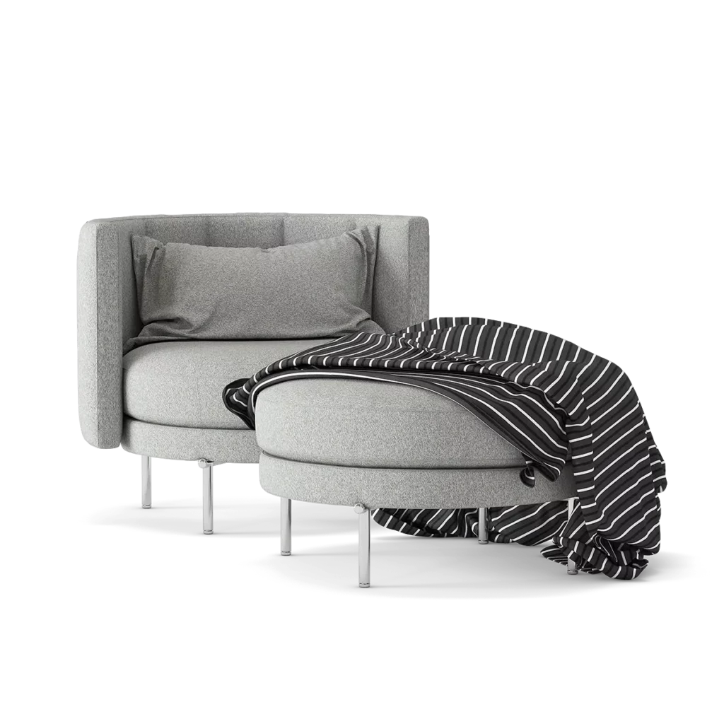 Grey Fabric Armchair with Pouf